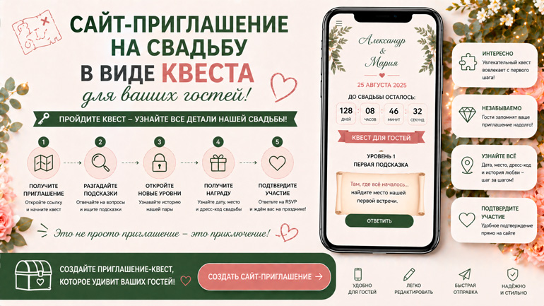 Сайт-приглашение квест на свадьбу