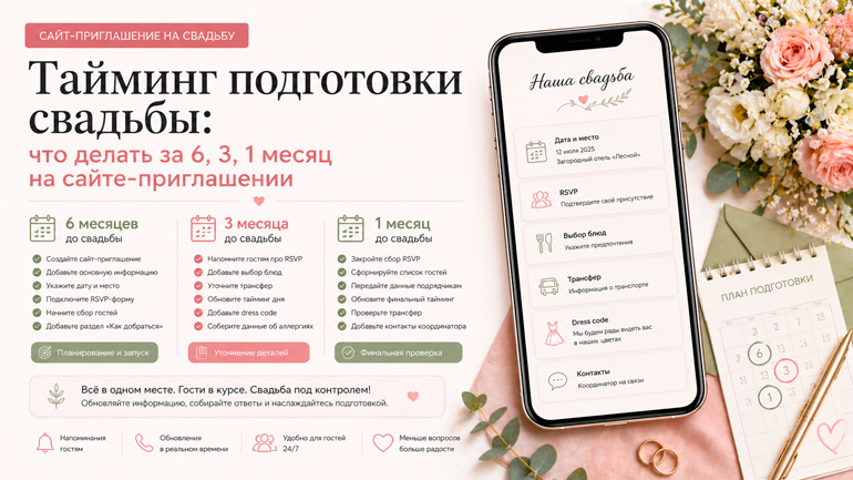 Тайминг: что делать за 6, 3, 1 месяц до свадьбы на сайте-приглашении