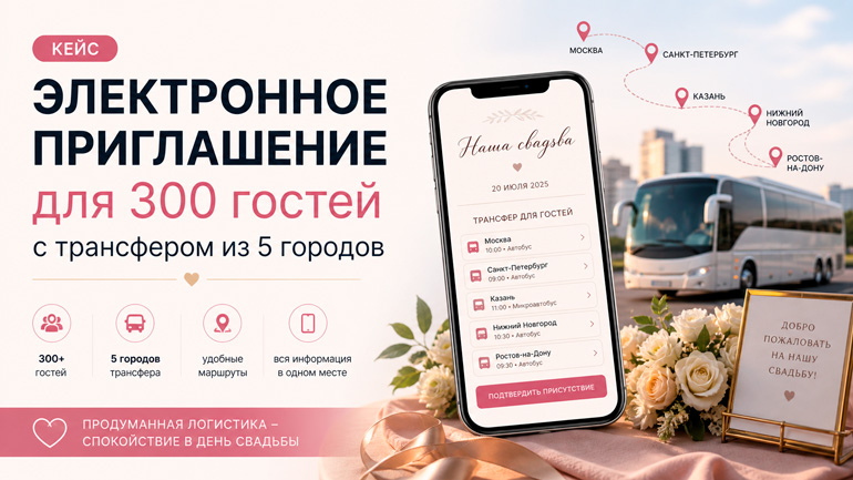 Кейс: электронное приглашение для 300 гостей с трансфером из 5 городов