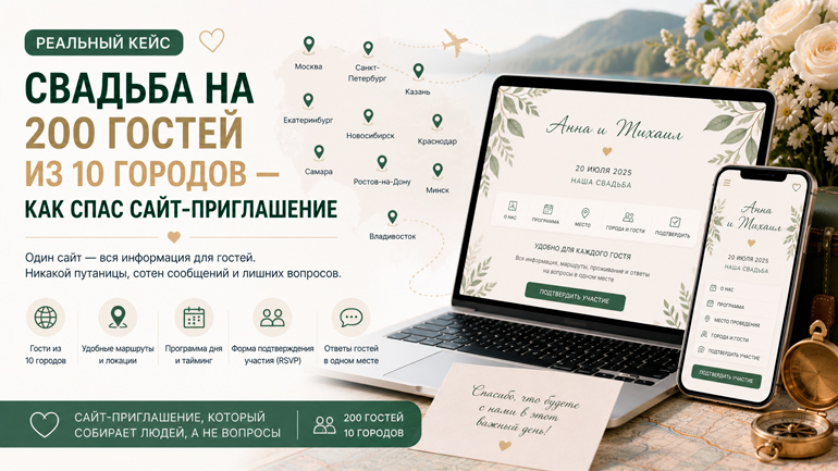 Кейс: свадьба на 200 гостей из 10 городов — как спас сайт-приглашение